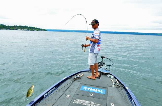 He hoists it in with his 20-pound Seaguar Smackdown braid, which is affixed to a leader of 10-pound Seaguar Tatsu fluorocarbon.