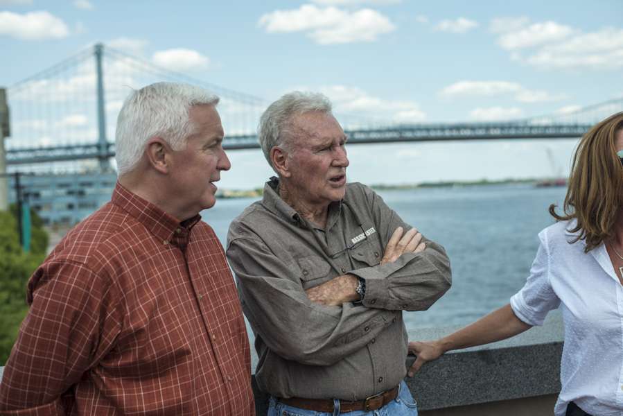 Pennsylvania Governor Tom Corbett (left) and B.A.S.S. co-owner Jerry McKinnis talk during a visit to the Elite Series expo area during the Delaware River event.