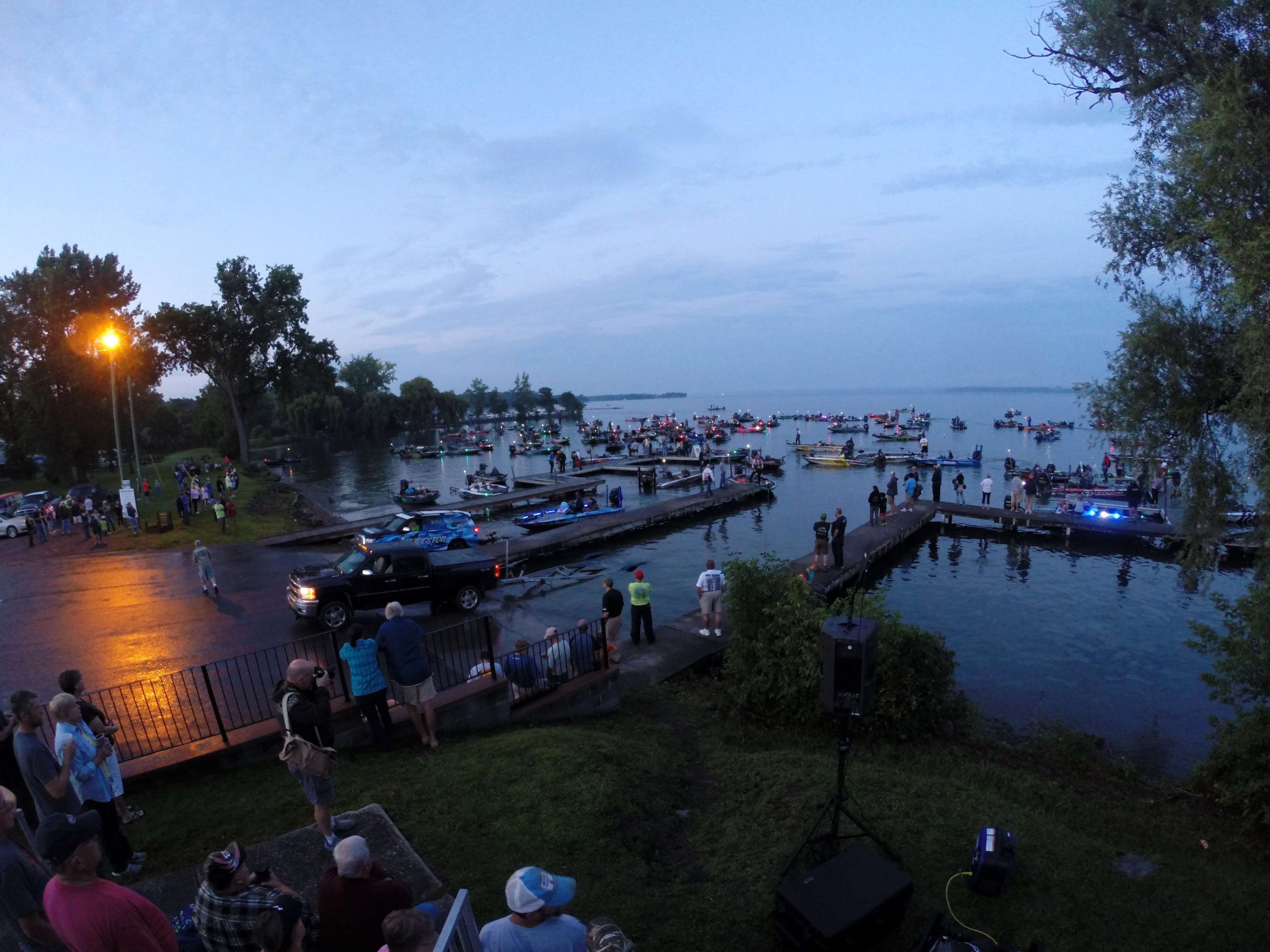 Day 1 launch gets underway for the A.R.E. Truck Caps Bassmaster Elite at Cayuga Lake.