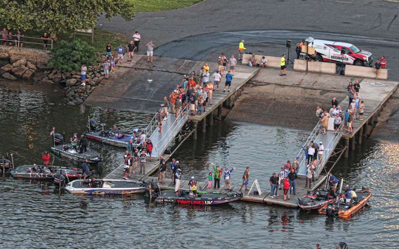 The top six anglers going into the day gather around the takeoff dock.
