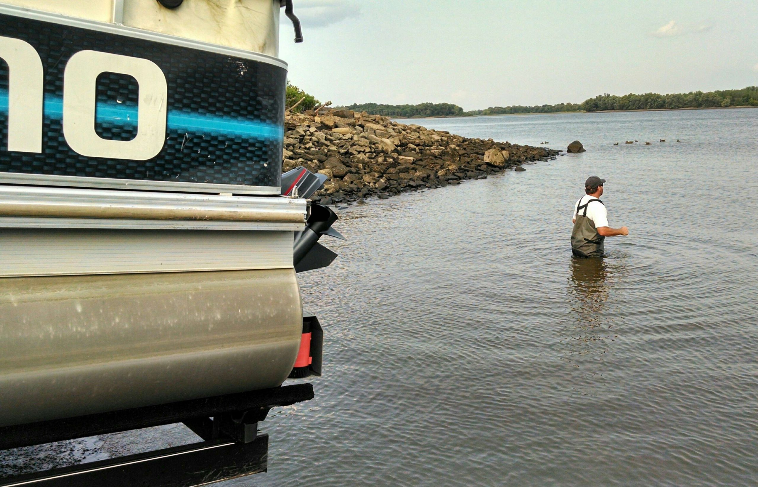 Upon arrival at the boat ramp on Day 1 of the Bassmaster Elite at Delaware River, we realized the tide was out and the water was too low to launch the Shimano Live Release boat. Joe Tusing, a biologist with the Pennsylvania Fish and Boat Commission (PAFBC), confirmed our inability to launch -- in his waders!