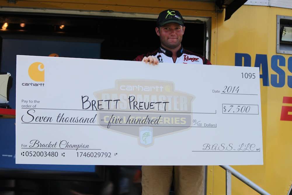 Preuett is also awarded with $7,500 by Carhartt to help with expenses in preparation for the 2015 Bassmaster Classic on Lake Hartwell. 