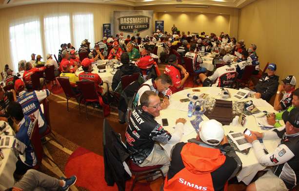Elite Series anglers visit before the Day 1 Marshal pairings are announced. 