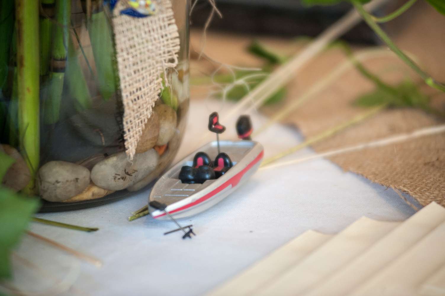 Bass boats adorn the place settings at the tables at Keith and Brandy Poche's Aug. 1 wedding in Natchitoches, La.
