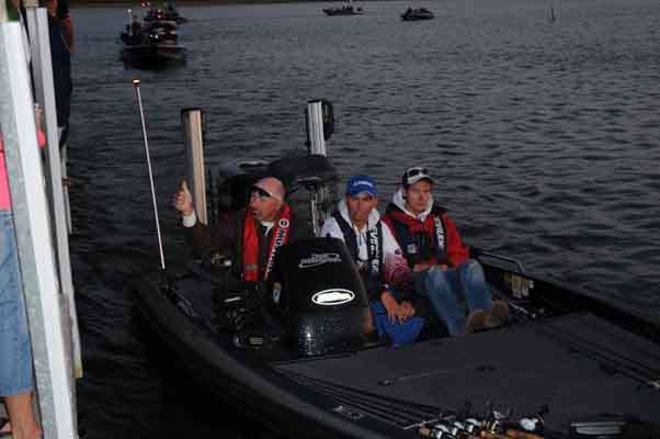 Illinois high school anglers Dailus Richardson and Trevor McKinney (with boat captain Ralph Sweat) hope for another great day on the water.
