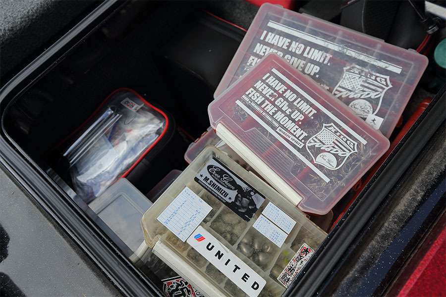 In it are terminal tackle boxes including, hooks, weights, weight stoppers, swim jigs and other heavy things. He keeps them near the back of the boat for better boat performance.