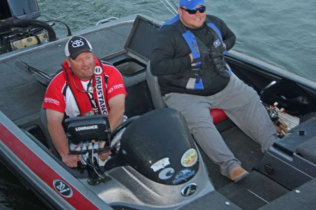 Matt Muller and Brian Shipp are all grins as they steer their Skeeter toward competition waters.
