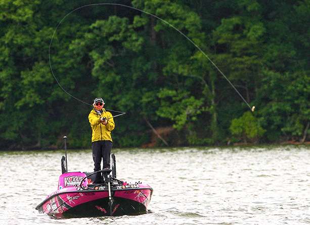 Kevin Short makes a long cast into a cross wind on Chickamauga Lake. 