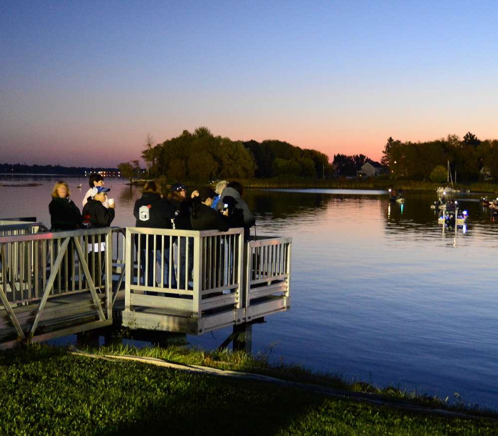 Friends and family gathered on the dock to drink coffee and watch the Day 2 launch at the 2014 Old Milwaukee B.A.S.S. Nation Eastern Divisional.