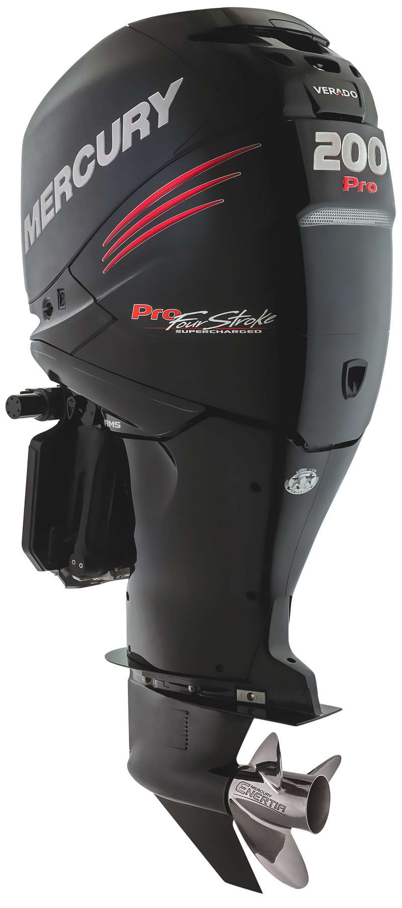 Mercury 
Pro Four Stroke 200
Mercury has retooled its 200-horse 4-stroke to be a more efficient, lighter and torquier replacement for the old 4-stroke.