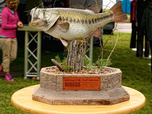 A replica of the Carhartt Big Bass from last year's Falcon Lake is on display. 
