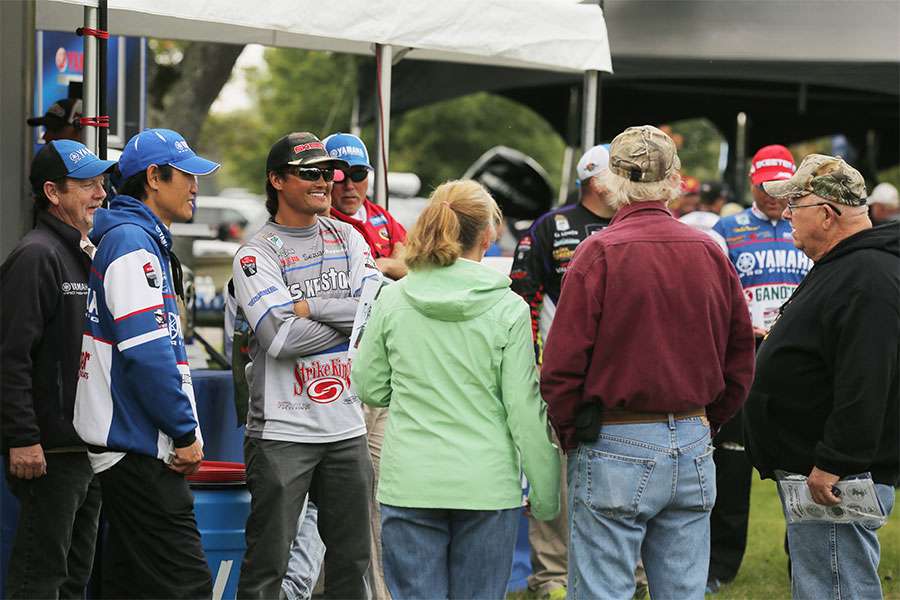 The Yamaha booth is filled with pros.