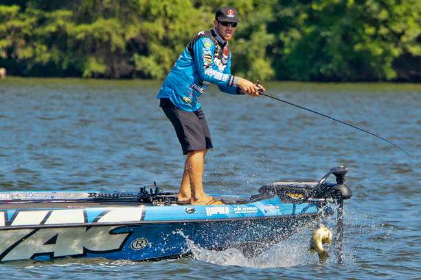 Jacob Wheeler fights a good keeper to the boat during BASSfest on Tennesseeâs Lake Chickamauga. 