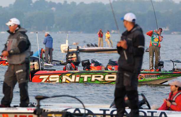 Competitors fished in a crowd during Day 1 on Cayuga Lake. 