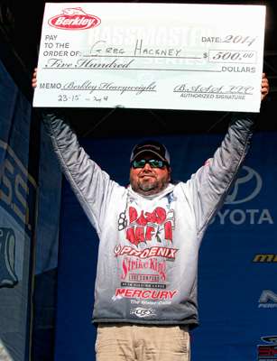 Greg Hackney received a $500 Berkley Heavyweight bonus check for weighing the heaviest bag at Cayuga Lake.