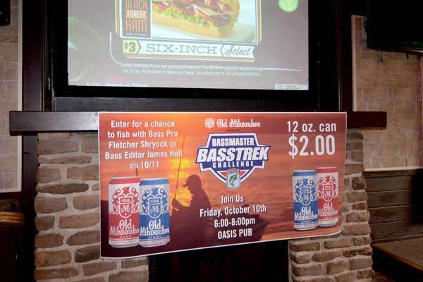 The Old Milwaukee Bassmaster Basstrek banner was prominently displayed at the Oasis Pub.
