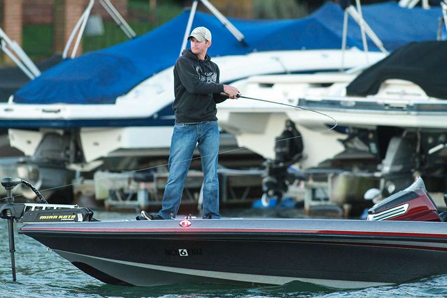 Lehew hooks up. He's an FLW Tour pro but is one of the best anglers on Lake Norman.