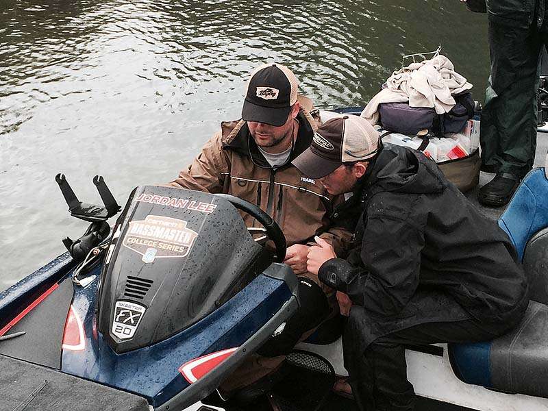 Jordan Lee talks strategy for Saturday while viewing the map on his Lowrance unit. 