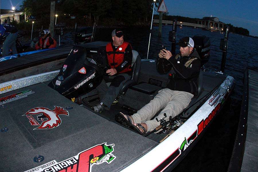 Chad Morgenthaler and his partner share a fun moment before the day begins on Lake Norman.