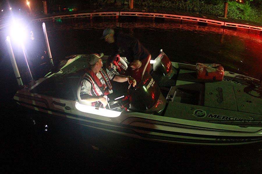 Boats launch in the dark at Blythe Landing, home base for the Bass Pro Shops Southern #3 on Lake Norman. 