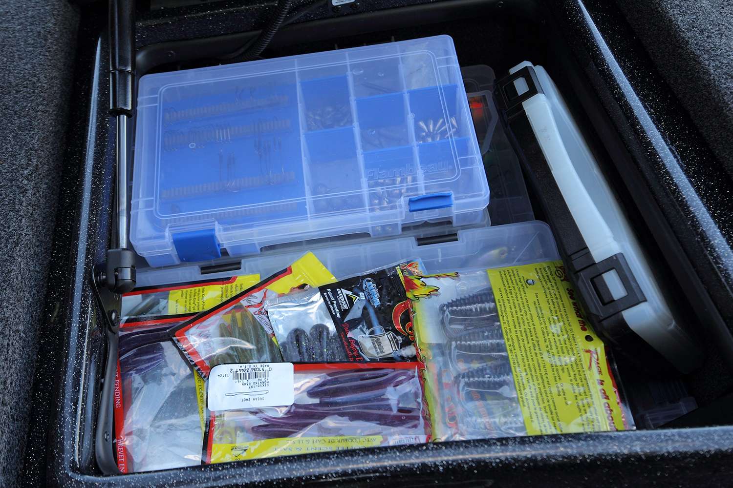 Another compartment is fully stacked with everything VanDam needs for fishing soft plastics.