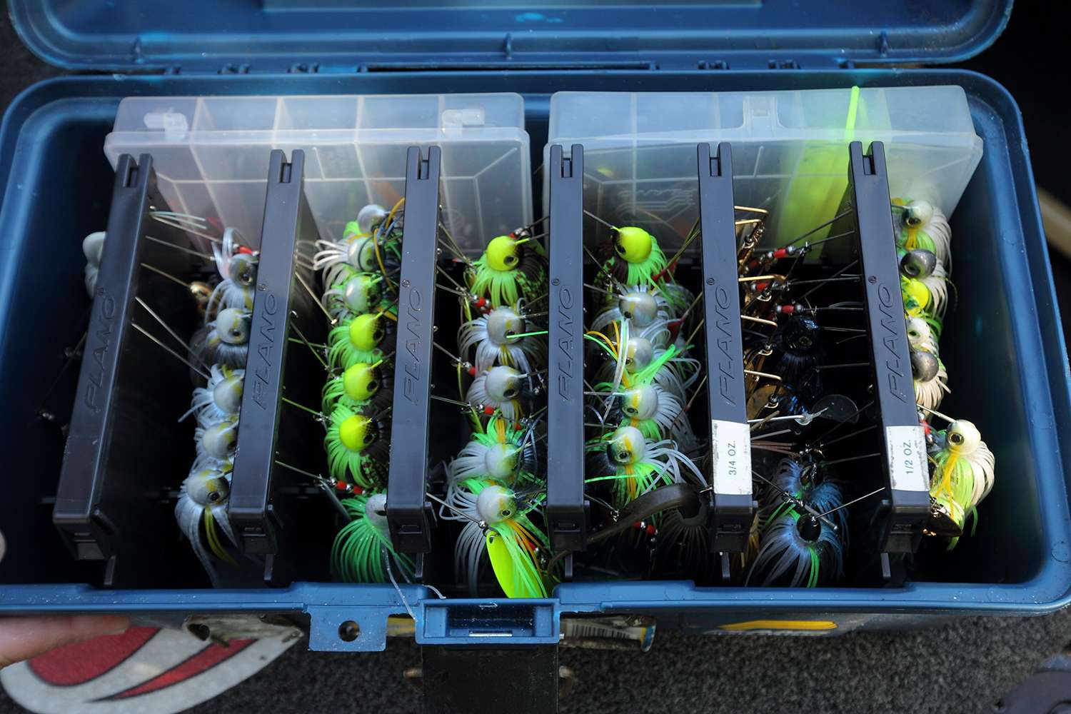 The locker also holds several spinnerbait boxes that are too large to fit in JVD's other tackle compartments.