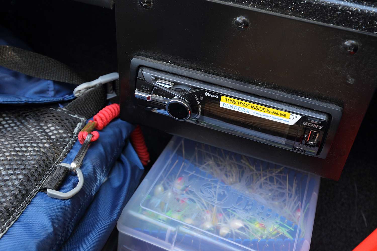 A Tune Tray inside the right rod locker allows VanDam to listen to his iPod when he's on the lake.