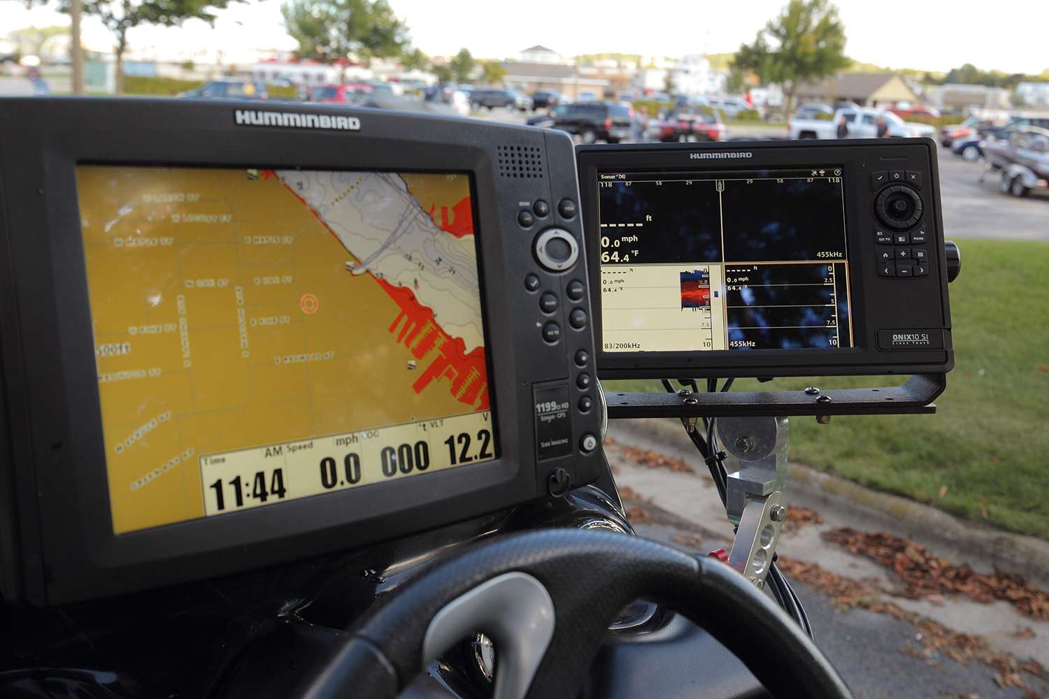 VanDam runs two graph units on his console - a Humminbird Onix 10si for side imaging, down imaging and sonar and a Humminbird 1199 just for mapping. 