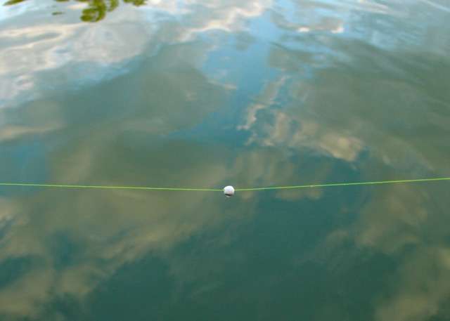Adding to the list of unusual tackle used for carp fishing is Play-Doh. That small round ball of Play-Doh functions as a strike indicator after the pack bait settles on the bottom. Cherry forms the Play-Doh around his line just past the last rod guide, then slides it down the line a few feet. It starts bouncing when a carp sucks up the bait.