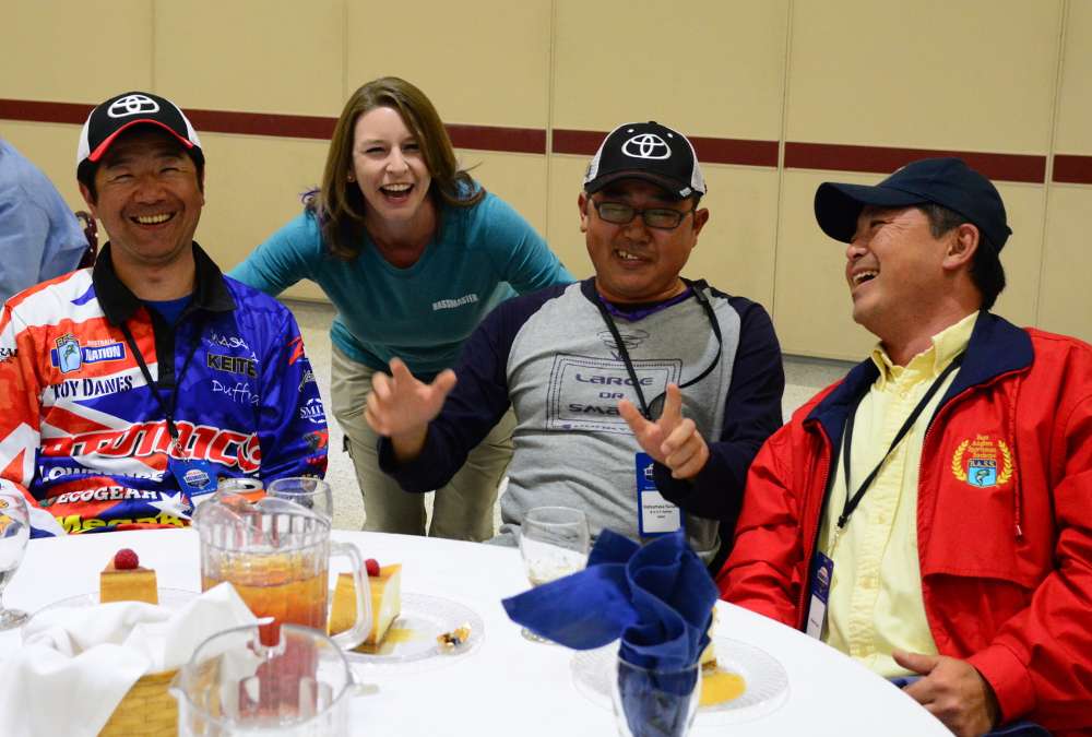 The Japanese representative Koji Kuroda and his support team laugh along with B.A.S.S. Nation editor Tyler Wade.