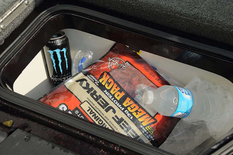 This is typical of his cooler box on most tournament days; jerky, an energy drink and some water.