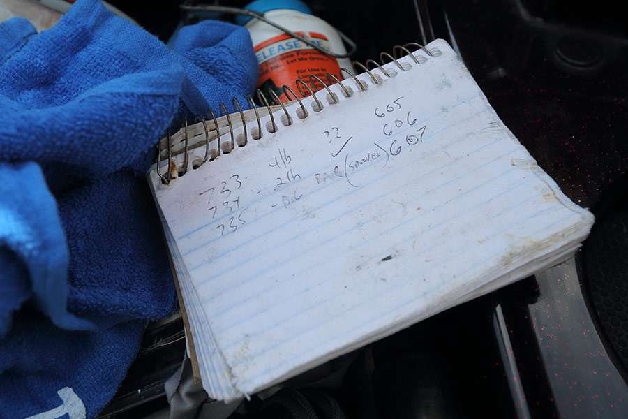 He'll record weight of fish on this notepad so he never makes a mistake when culling.
