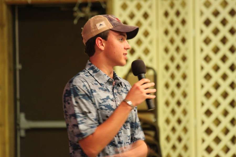 Greyson Gilbert, son of Ginger and Major Troy Gilbert, speaks to the anglers and expresses his appreciation for helping remember his dad, an avid angler and outdoorsman. 