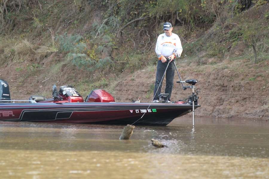 You don't skip anything on the Ouachita River, Phillips turns to make a pitch to some structure off the bank. 