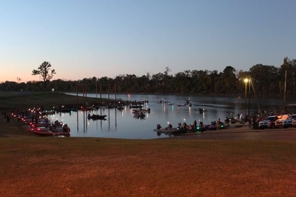 Competitors stage their boats at the Forsythe Park Boat Launch before takeoff on Day 2 of the B.A.S.S. Nation Championship on the Ouachita River.