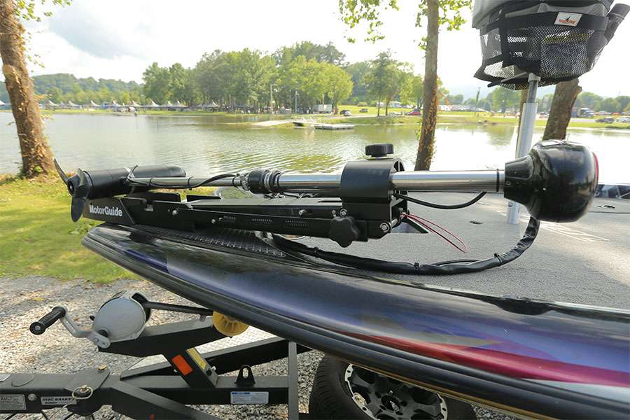 Up front resides a MotorGuide Tour Edition 109-pound thrust trolling motor. Although trolling motors come hard-wired from the factory, Grigsby ups the reliability of his motor with a plug from Battery Tender.