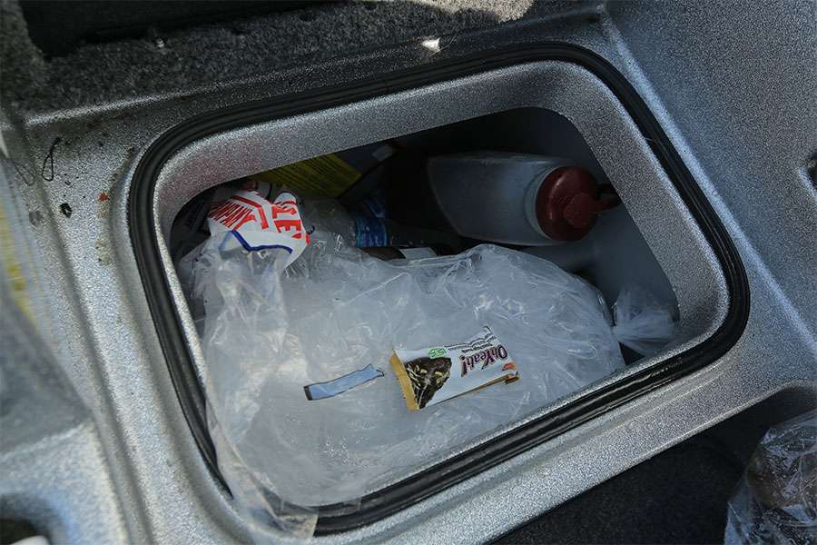 In the cooler are drinks, food and other things he needs throughout the day. 