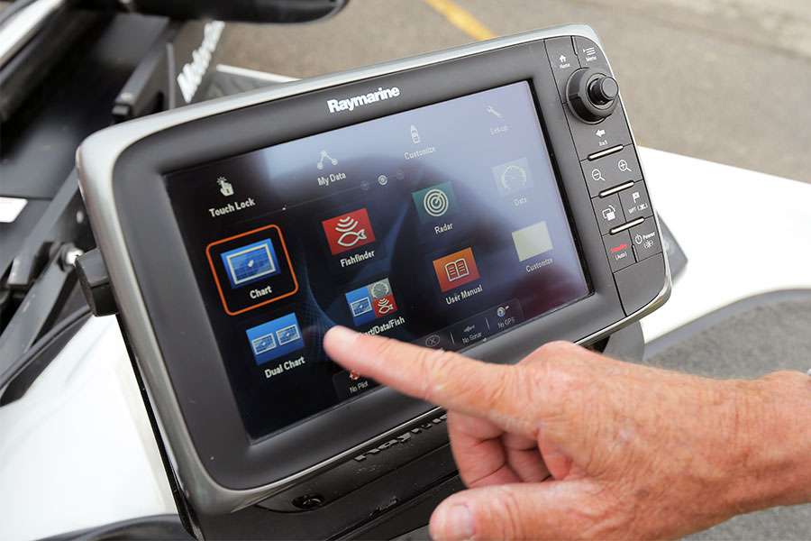 On the bow of his boat is a Raymarine HybridTouch graph.