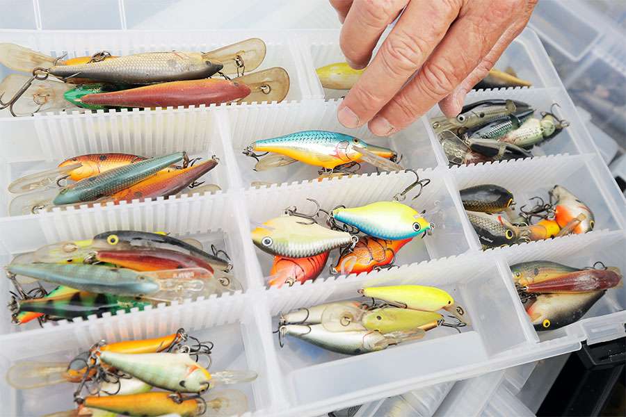 Schultz keeps many of his Rapala Shad Raps and other flat-sided crankbaits together in the same box.