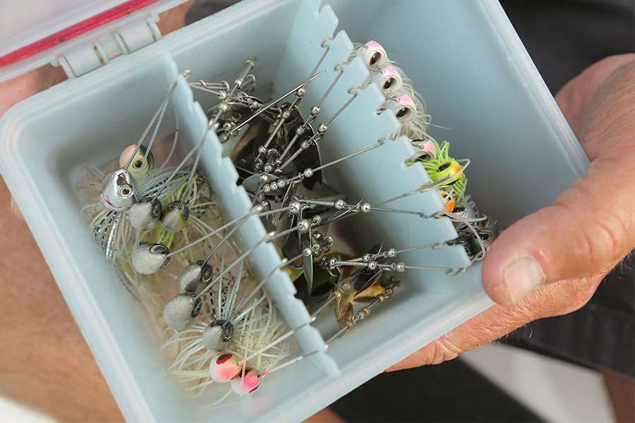 His spinnerbait box boasts Hildebrandt Tin Rollers and others.