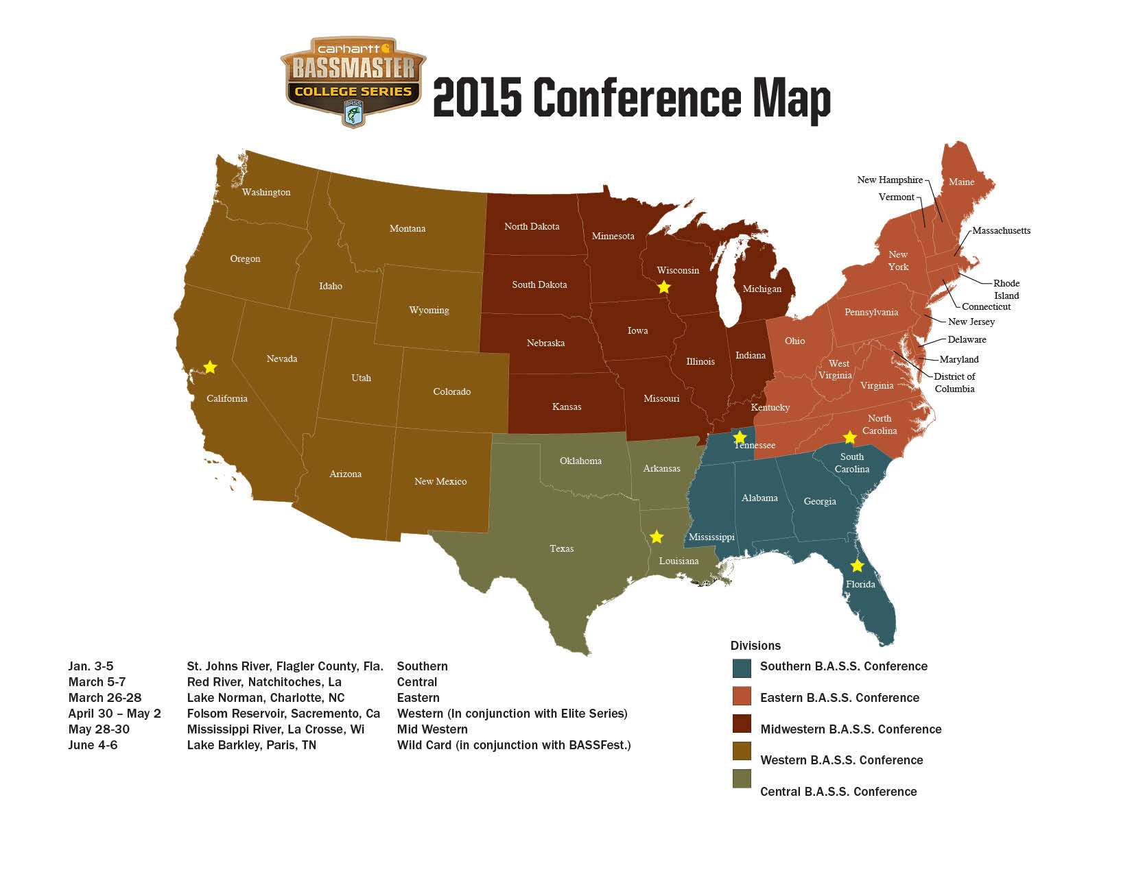 <p>The 2015 Carhartt Bassmaster College Series schedule features some famous fisheries from across the nation to challenge college anglers. Read more about the 2015 schedule <a href=