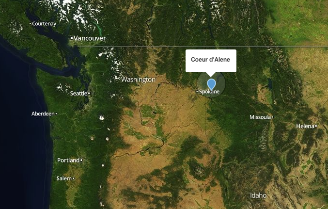 Lake Coeur d”Alene, Idaho is about 30 minutes east of Spokane, Wash. 
