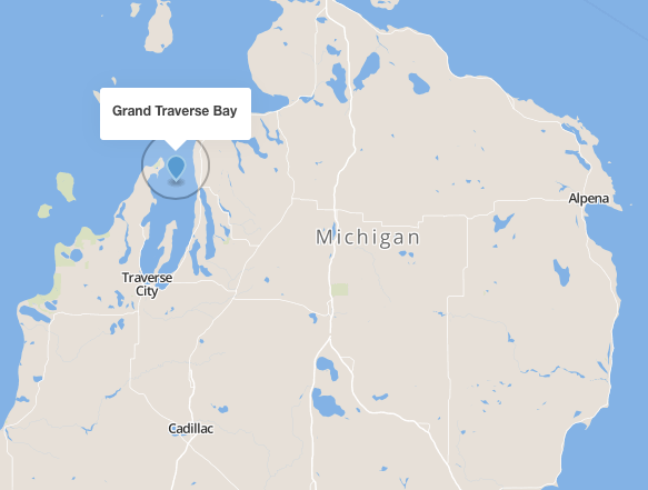 Grand Traverse Bay is in the northwest corner of Michigan’s Lower Peninsula. Traverse City is located at the south end of the Bay. 
