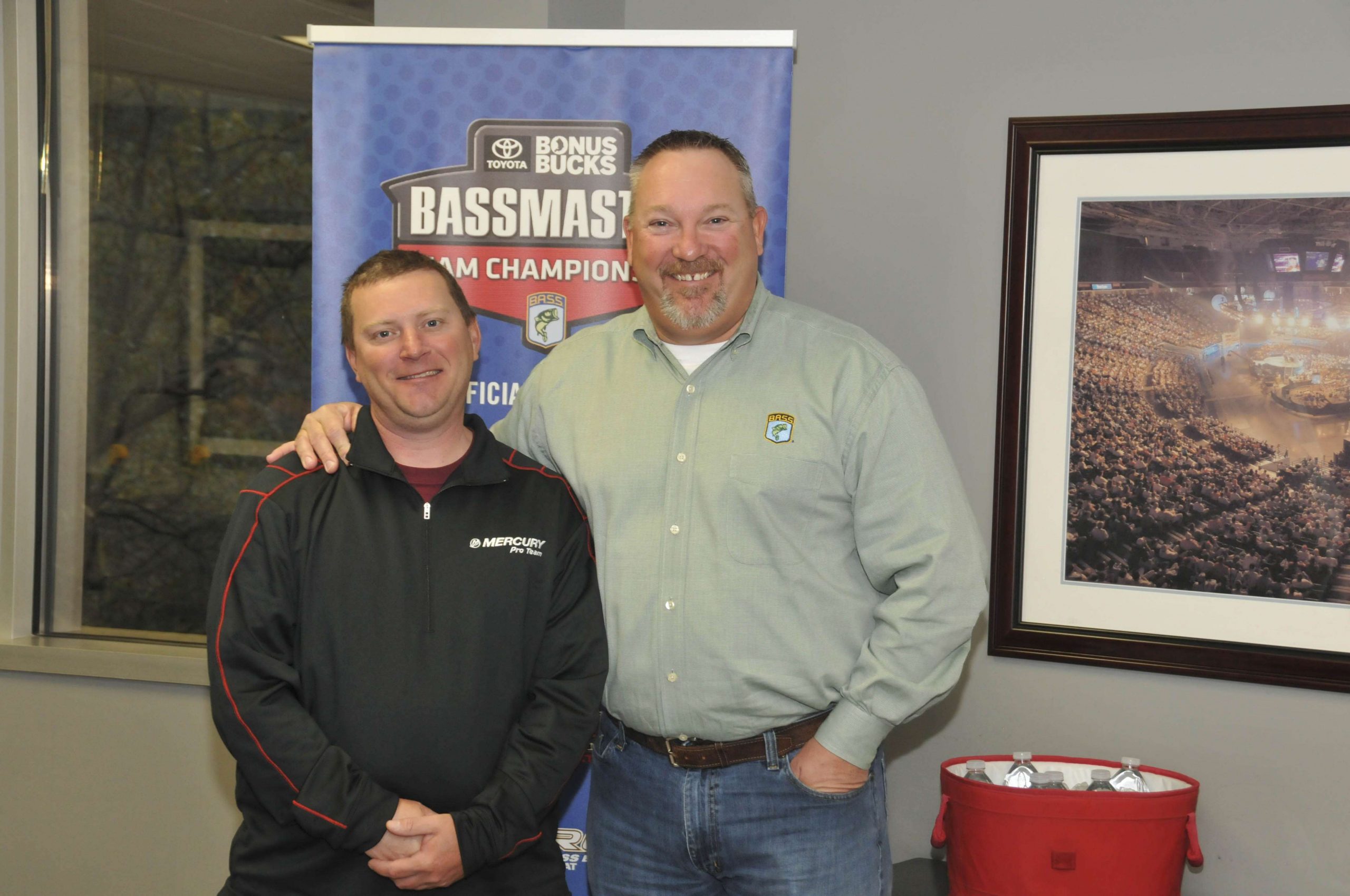 Jon Stewart, right, welcomed Brandon Gray to the B.A.S.S. headquarters office in Birmingham, Ala. Gray had just qualified for the 2015 Bassmaster Classic via the Toyota Bonus Bucks Bassmaster Team Championship and came to Birmingham to pick up the Skeeter/Yamaha he won.