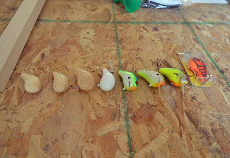 Now for the process. You'll see from left to right how PH Custom Lures are made. They start as a piece of balsa or jelutung wood, then are carved, tumbled, sealed, painted and sealed a few more times, then after the hardware is added, they're boxed up and shipped out.