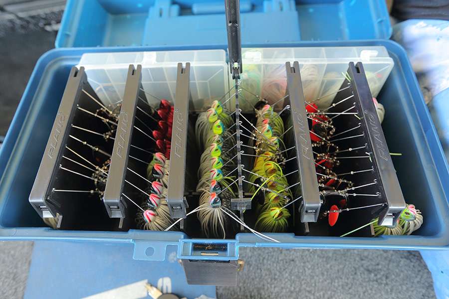 Ish keeps all of his Bling Series spinnerbaits hanging neatly in a special box in the right storage compartment.