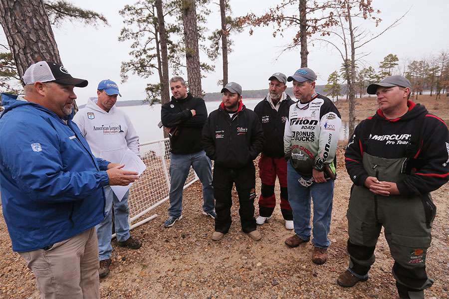 Jon Stewart briefs them the the six anglers, getting them ready for tomorrow. 