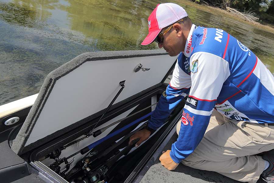 Niggemeyer keeps his St. Croix Rods equipped with Ardent Reels stowed in the boat's left rod locker. Though he previously carried up to 30 reels, now the total is regularly 15 to 20 rods.