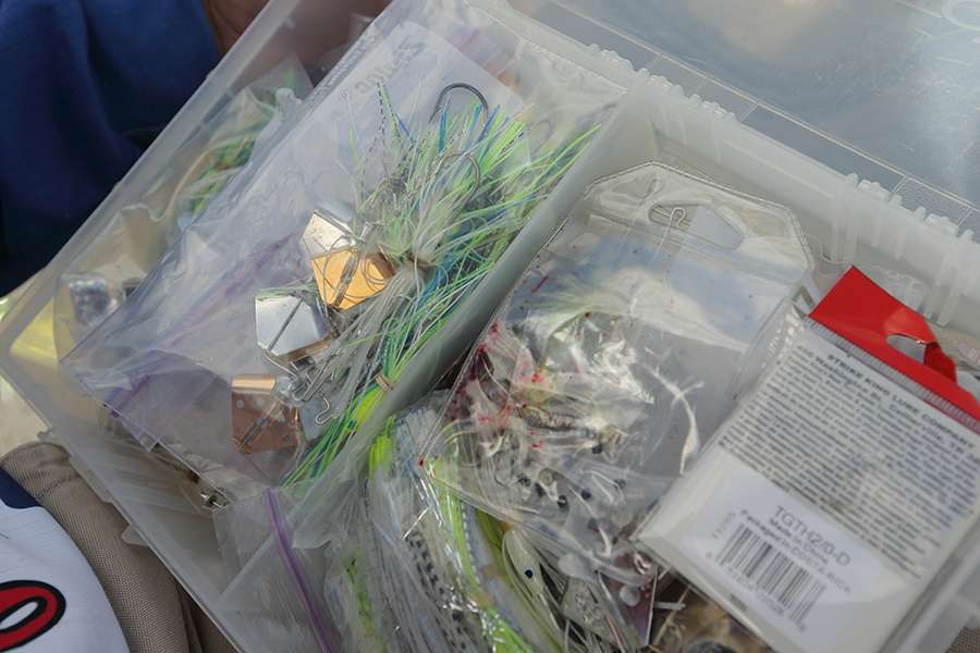 Buzzbaits and other wire baits are kept in individual zip bags inside of a plastic storage bin.