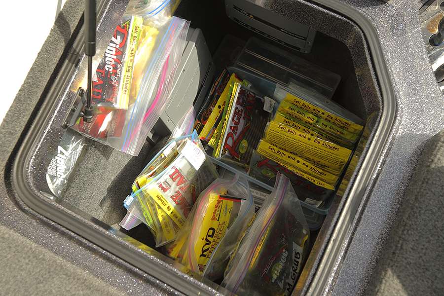 Plenty of plastics are stored in the small box right in front of the driver's seat. Bulk plastics are kept here in 1-gallon storage bags. These are baits Niggemeyer will use anywhere, and they include the Strike King Rage Menace Grub, Rage Tail Recon Worms and KVD Perfect Plastic Finesse Worms that are 6 1/2 inches long.
